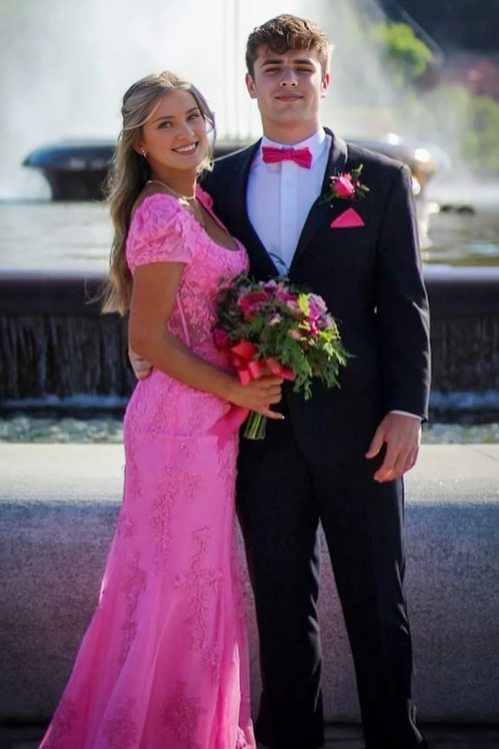 Backless Square Neck Puff Sleeves Appliques Tulle Floor Length Prom Dress