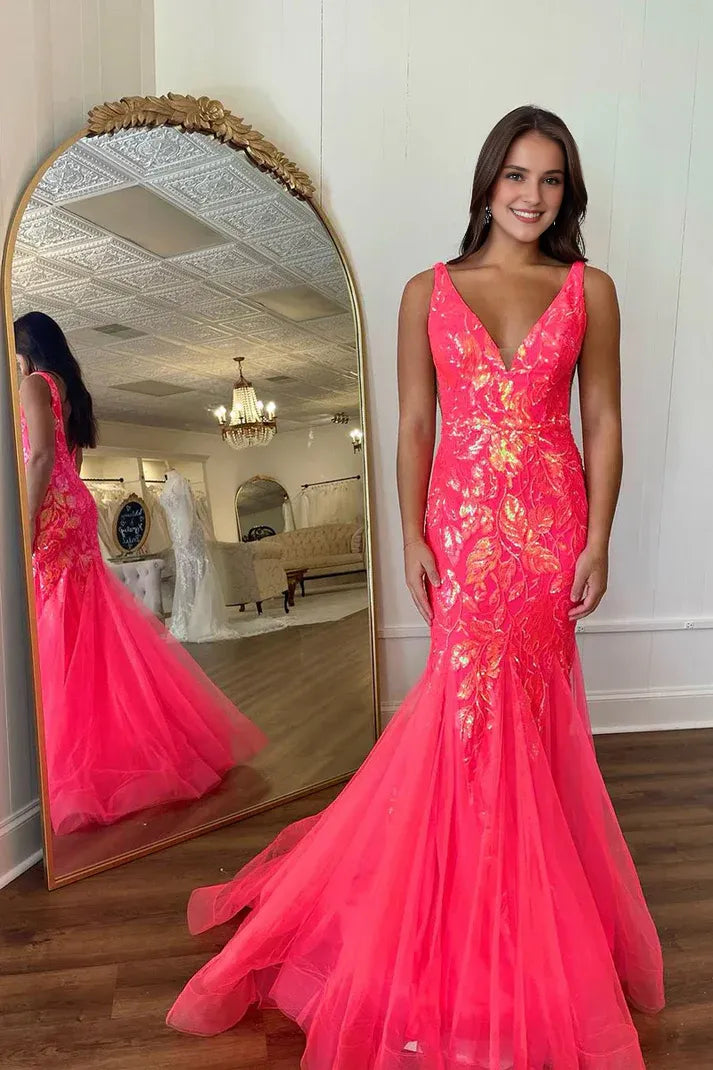 Vestidos de fiesta largos de sirena con encaje y lentejuelas, escote en V, tul fucsia y espalda descubierta