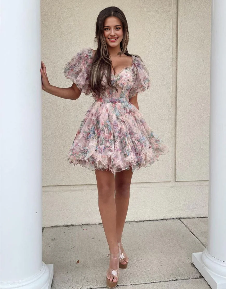 Backless Cute A-Line Off The Shoulder Short Tulle Print Homecoming Dress