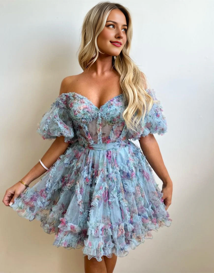 Backless Cute A-Line Off The Shoulder Short Tulle Print Homecoming Dress