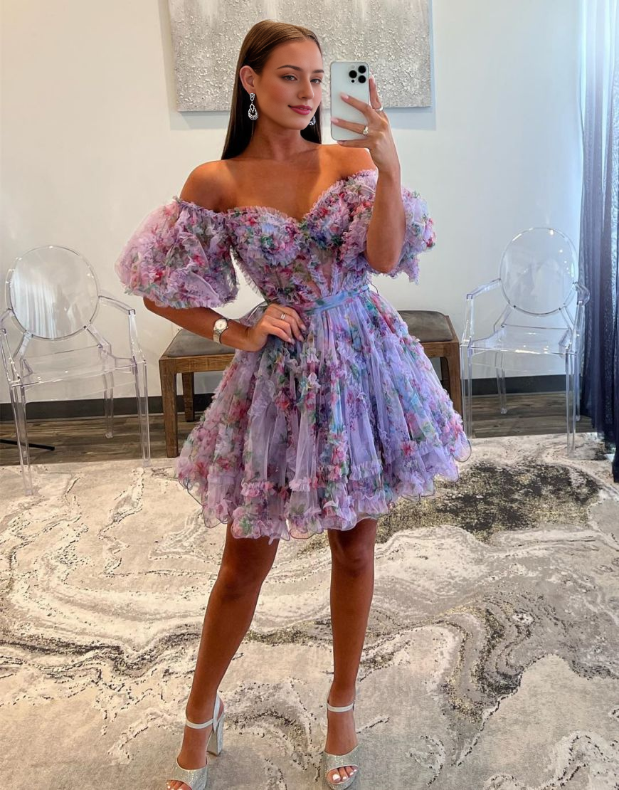 Backless Cute A-Line Off The Shoulder Short Tulle Print Homecoming Dress