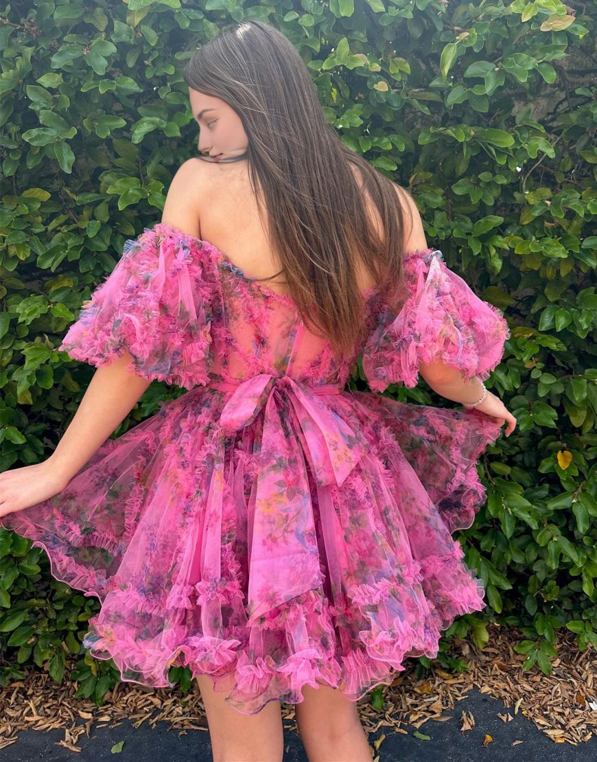 Backless Cute A-Line Off The Shoulder Short Tulle Print Homecoming Dress