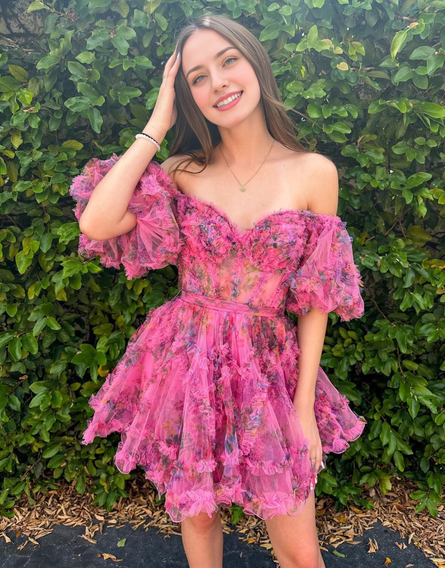 Backless Cute A-Line Off The Shoulder Short Tulle Print Homecoming Dress