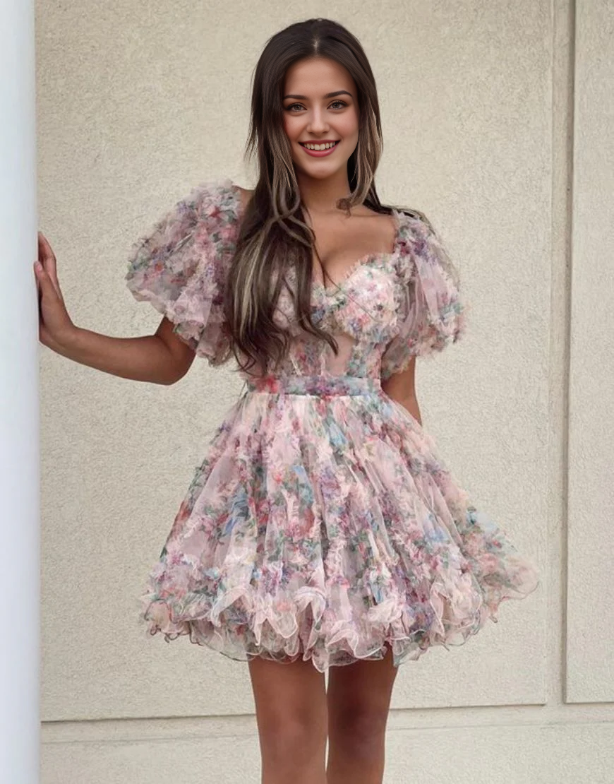 Backless Cute A-Line Off The Shoulder Short Tulle Print Homecoming Dress