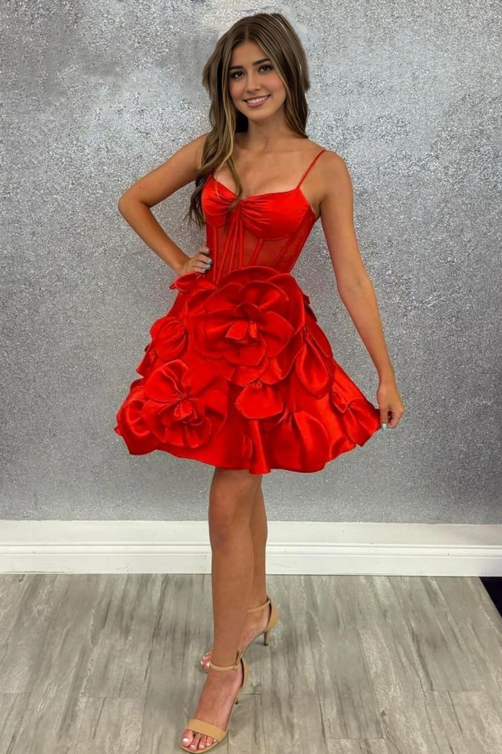 Backless Cute A-Line Spaghetti Straps Short Floral Satin Homecoming Dress