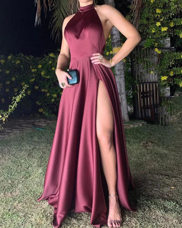 Vestidos de fiesta de satén sin espalda, con cuello halter, abiertos, sin mangas