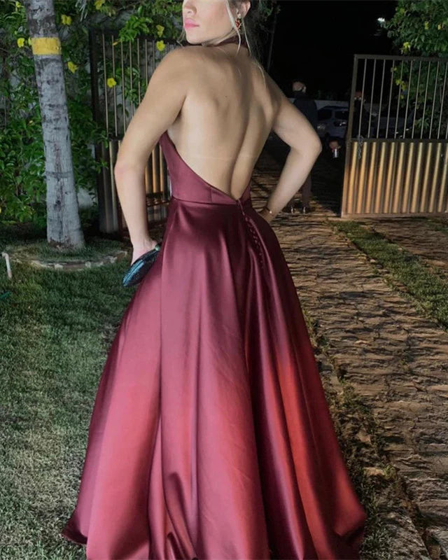 Vestidos de fiesta de satén sin espalda, con cuello halter, abiertos, sin mangas