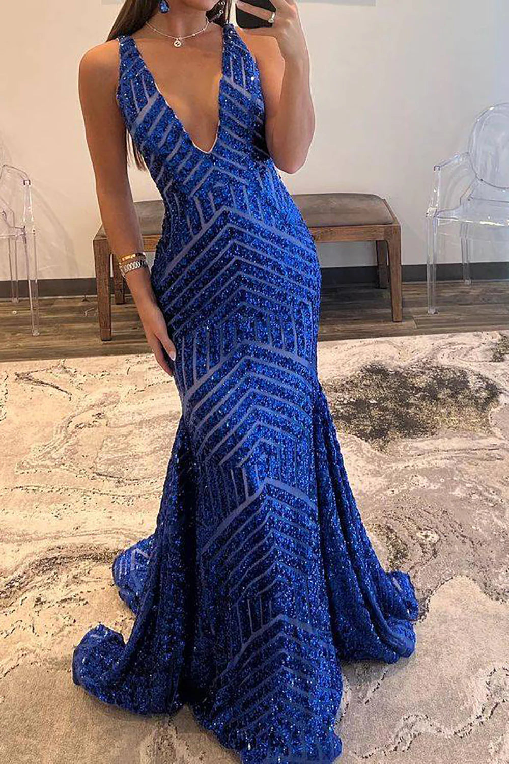 Backless Mermaid Deep V Neck Royal Sequins Long Prom Dress