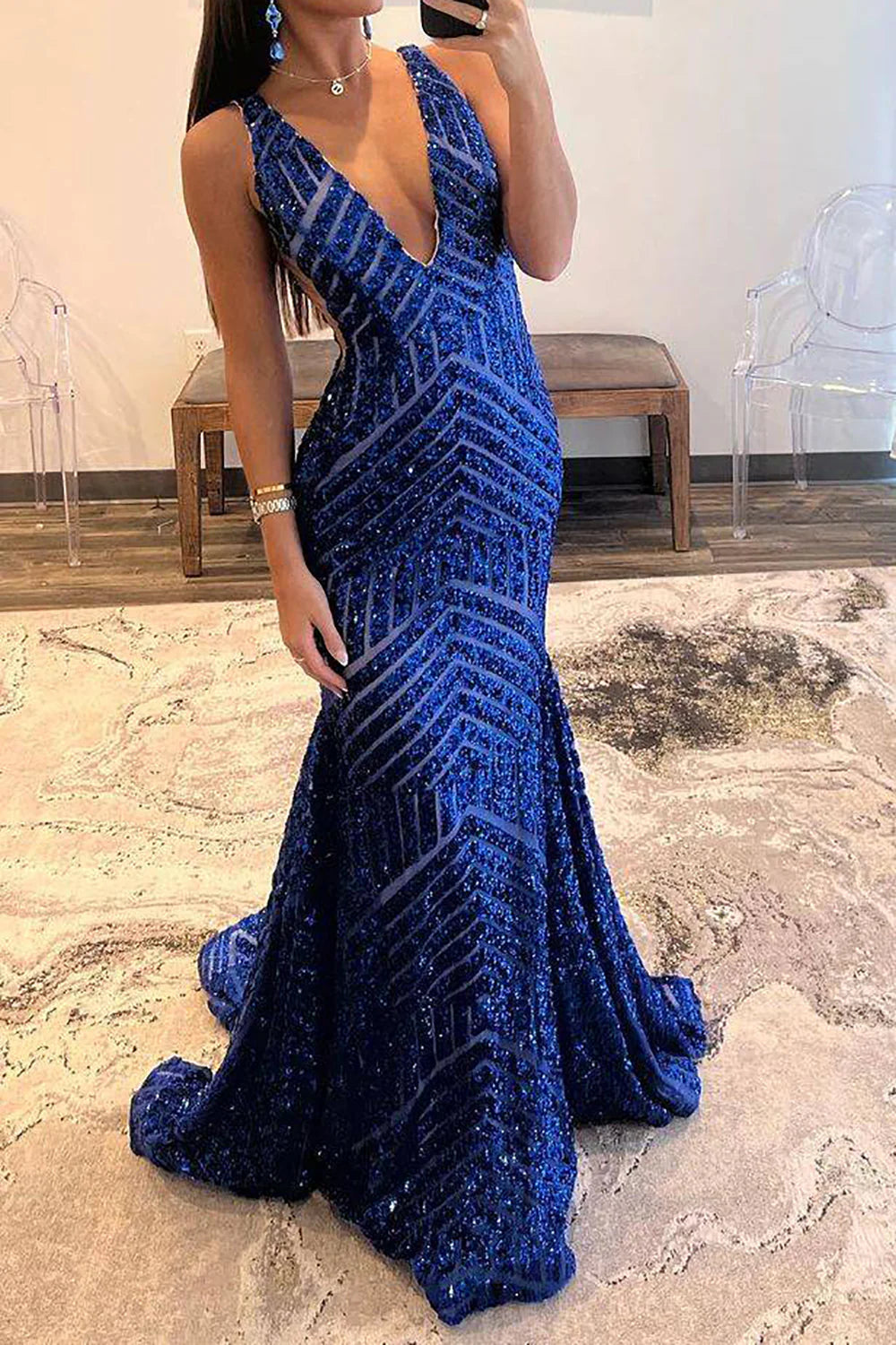 Backless Mermaid Deep V Neck Royal Sequins Long Prom Dress