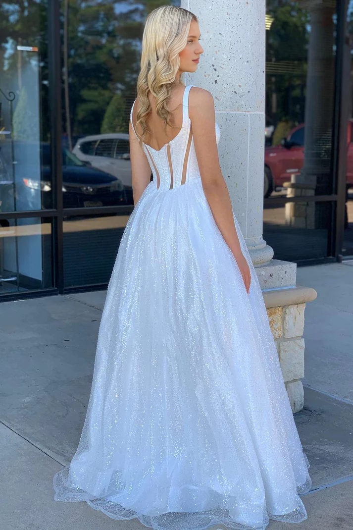 Robe de bal longue blanche à paillettes et dos nu, col carré, longueur au sol 