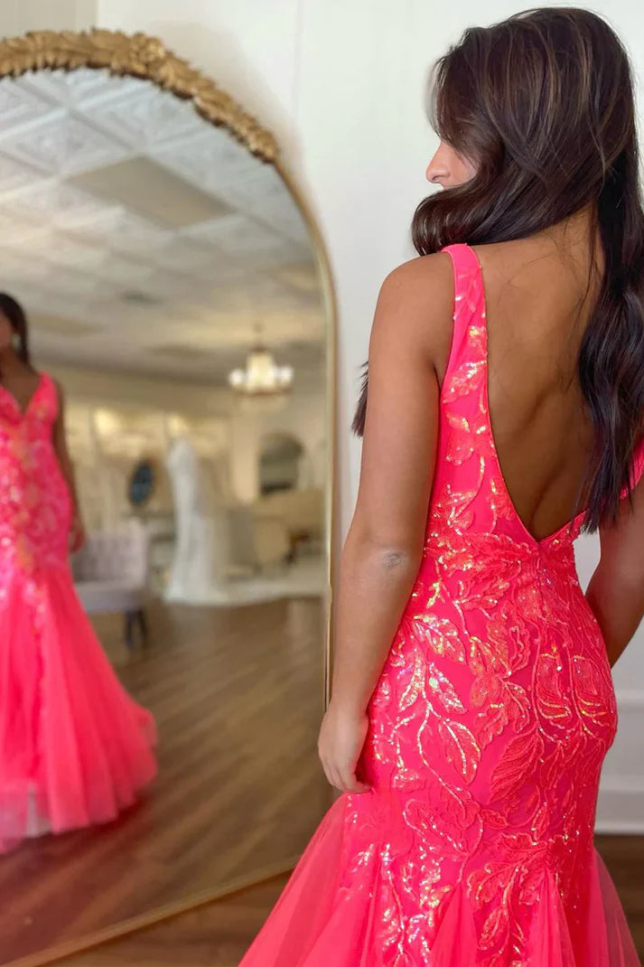 Vestidos de fiesta largos de sirena con encaje y lentejuelas, escote en V, tul fucsia y espalda descubierta