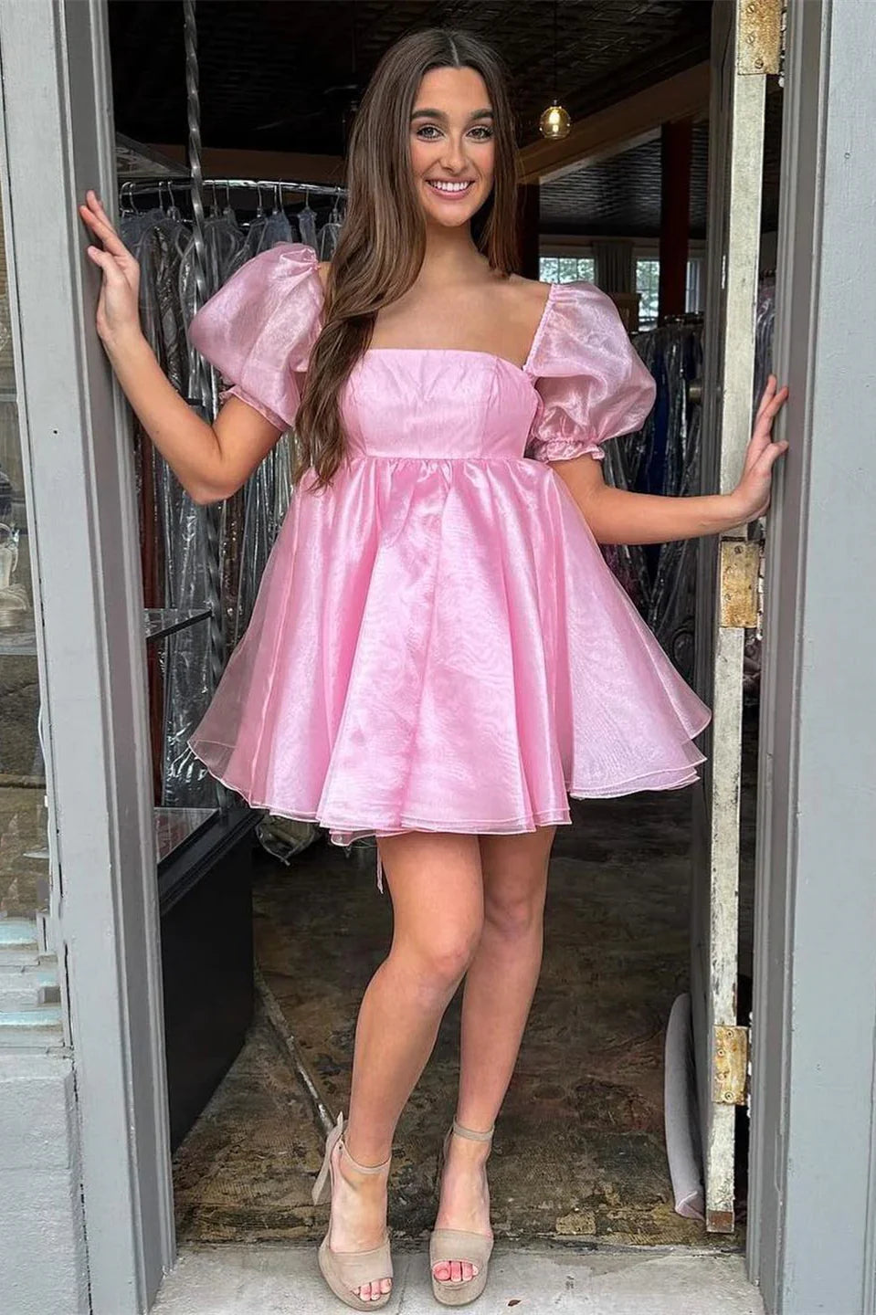 Weitese Dresses Formal Pink Square Neck Balloon Sleeves A-Line Black Homecoming Dress Stores With Prom Dresses