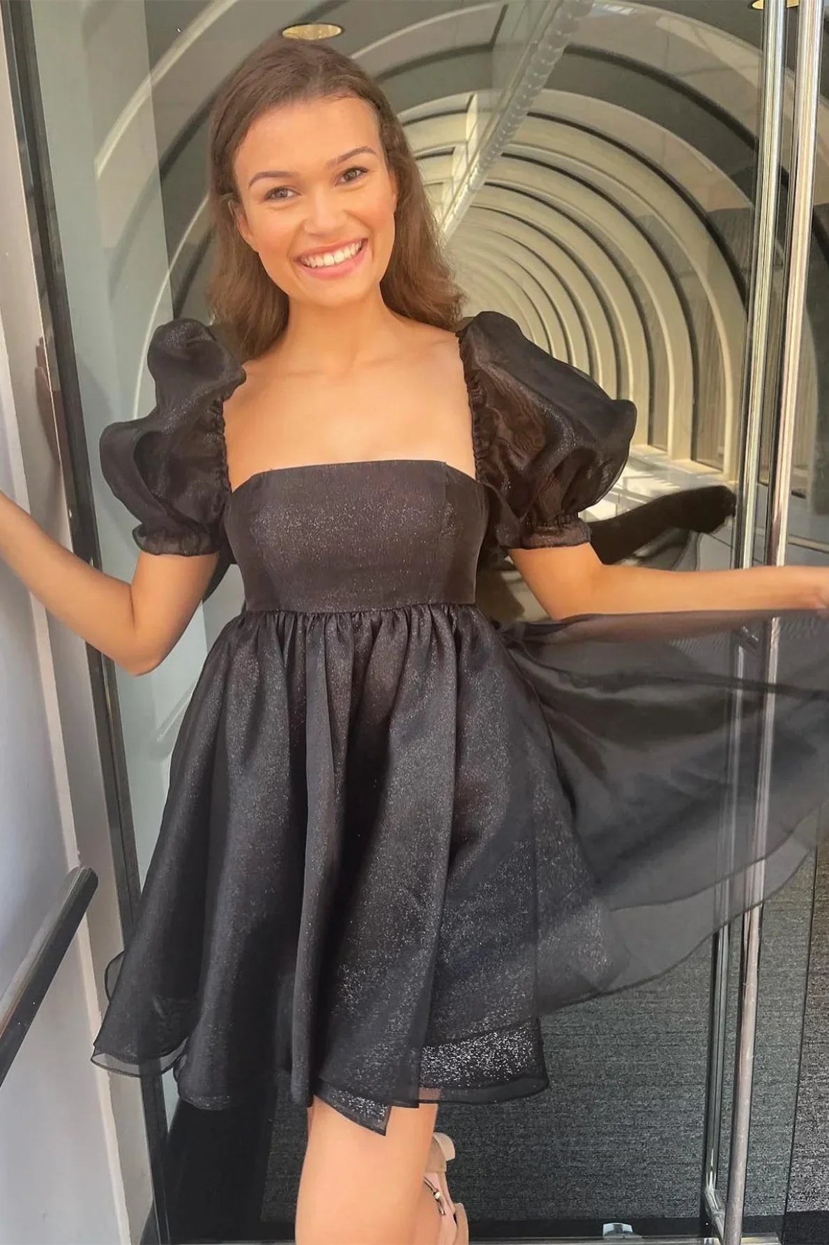 Weitese Dresses Formal Pink Square Neck Balloon Sleeves A-Line Black Homecoming Dress Stores With Prom Dresses