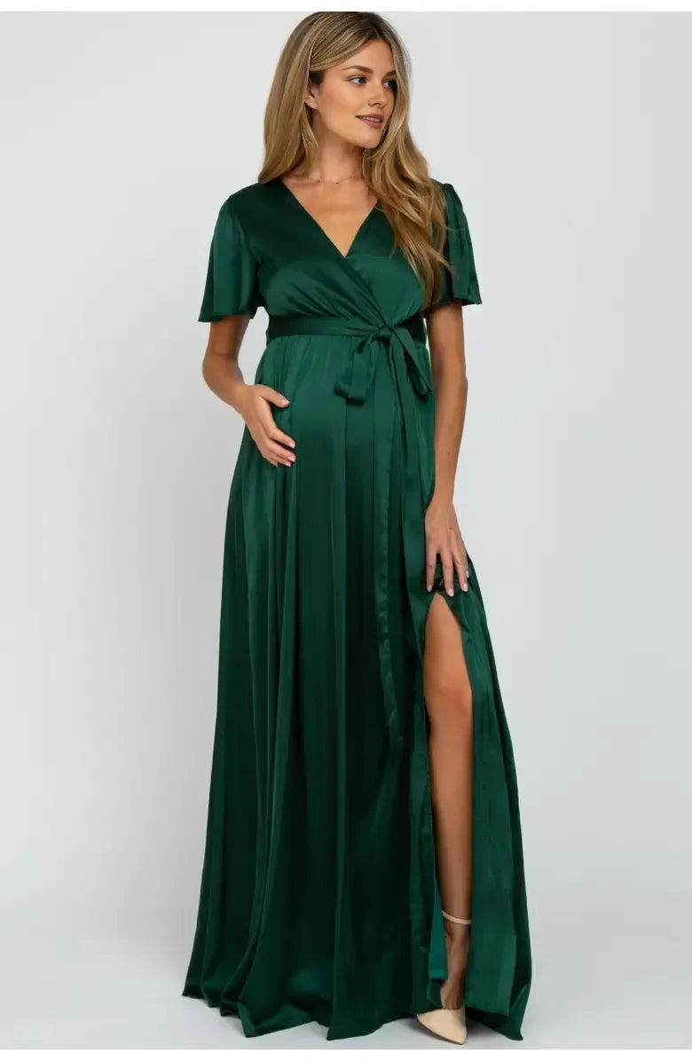 Bargain A-Line V Neck Short Sleeve Satin Floor-Length Prom Dress