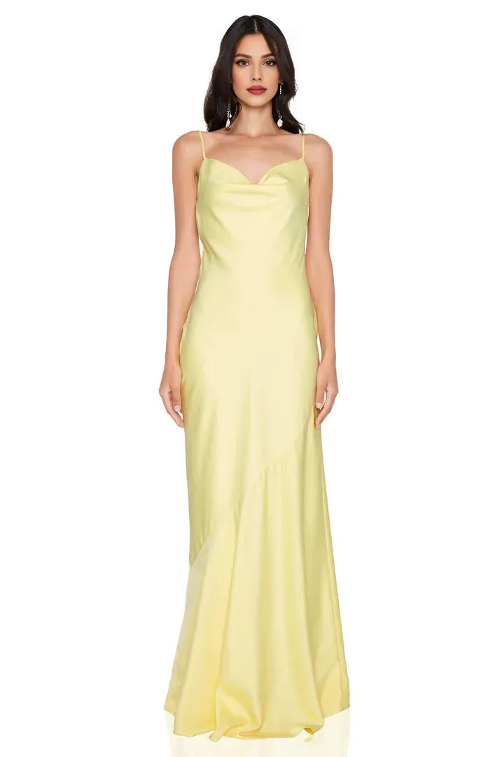 Bargain Fitted Cowl Neck Sleeveless Satin Floor-Length Prom Dress