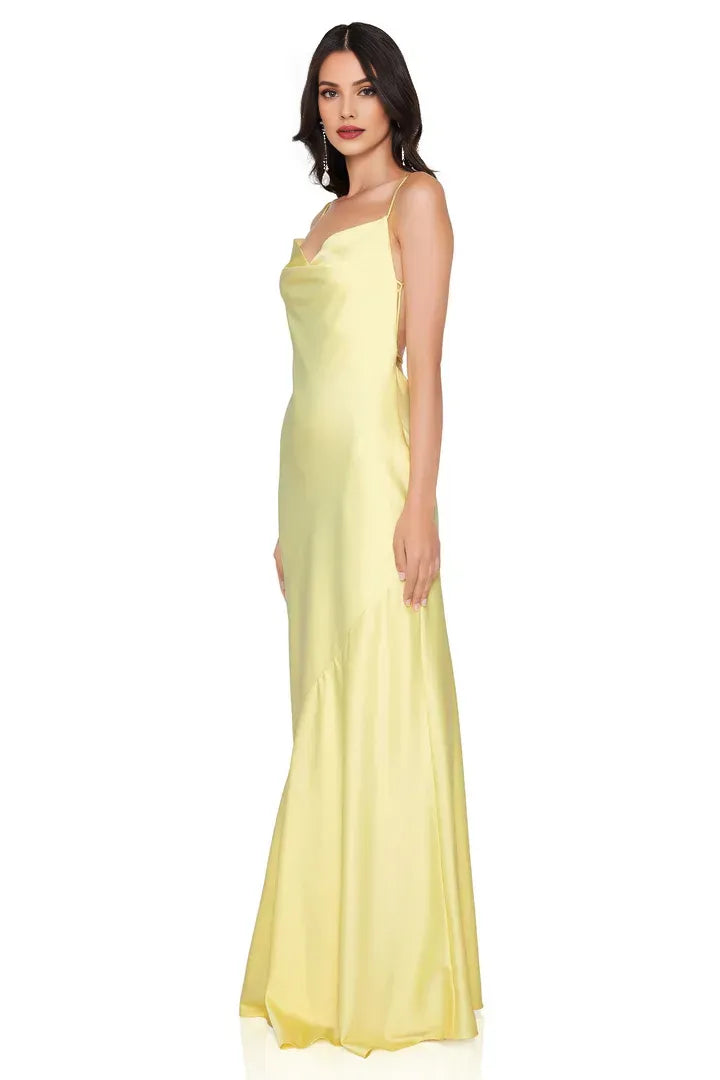 Bargain Fitted Cowl Neck Sleeveless Satin Floor-Length Prom Dress