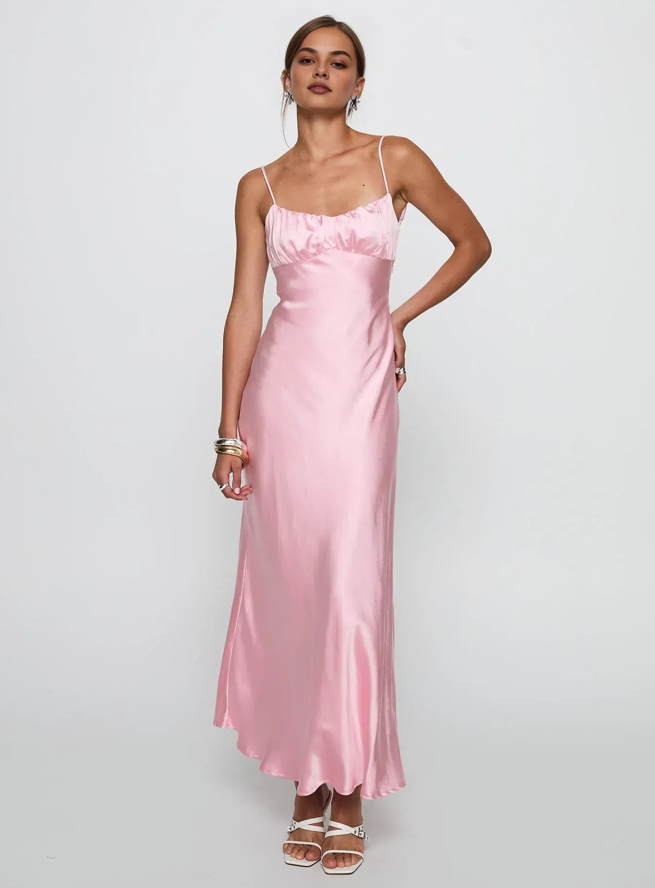 Bargain Fitted Spaghetti Straps Sleeveless Satin Floor-Length Prom Dress