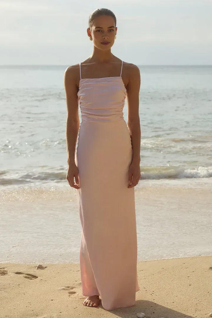 Bargain Fitted Spaghetti Straps Sleeveless Satin Floor-Length Prom Dress