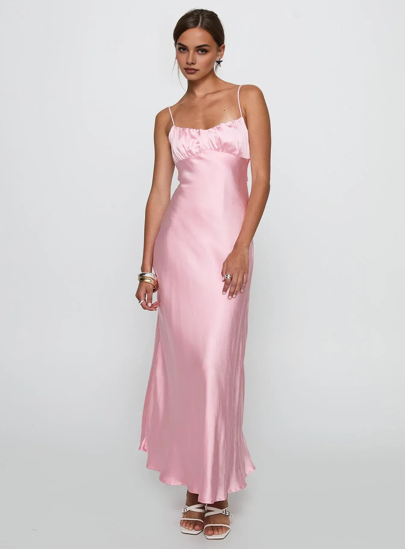 Bargain Fitted Spaghetti Straps Sleeveless Satin Floor-Length Prom Dress
