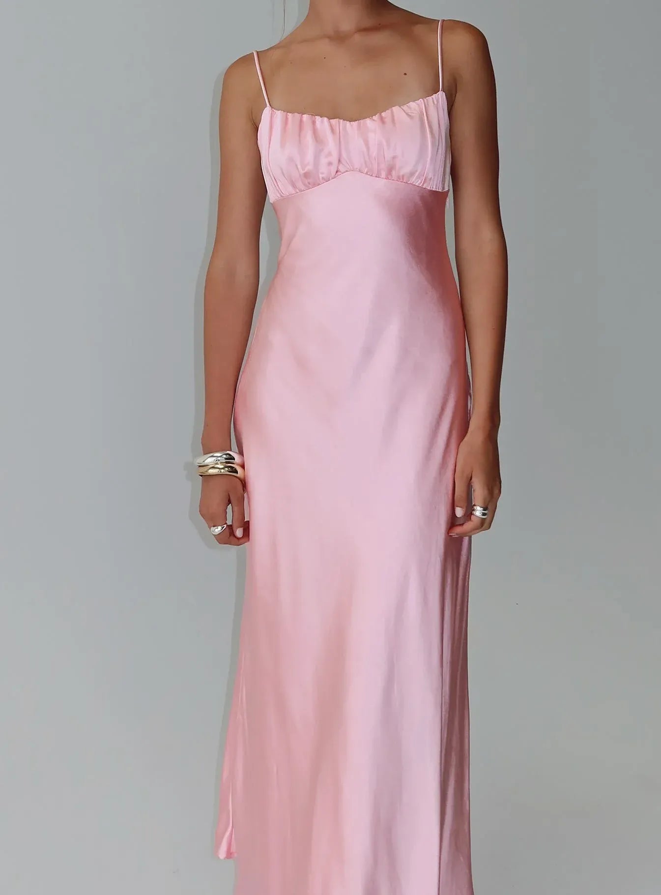 Bargain Fitted Spaghetti Straps Sleeveless Satin Floor-Length Prom Dress