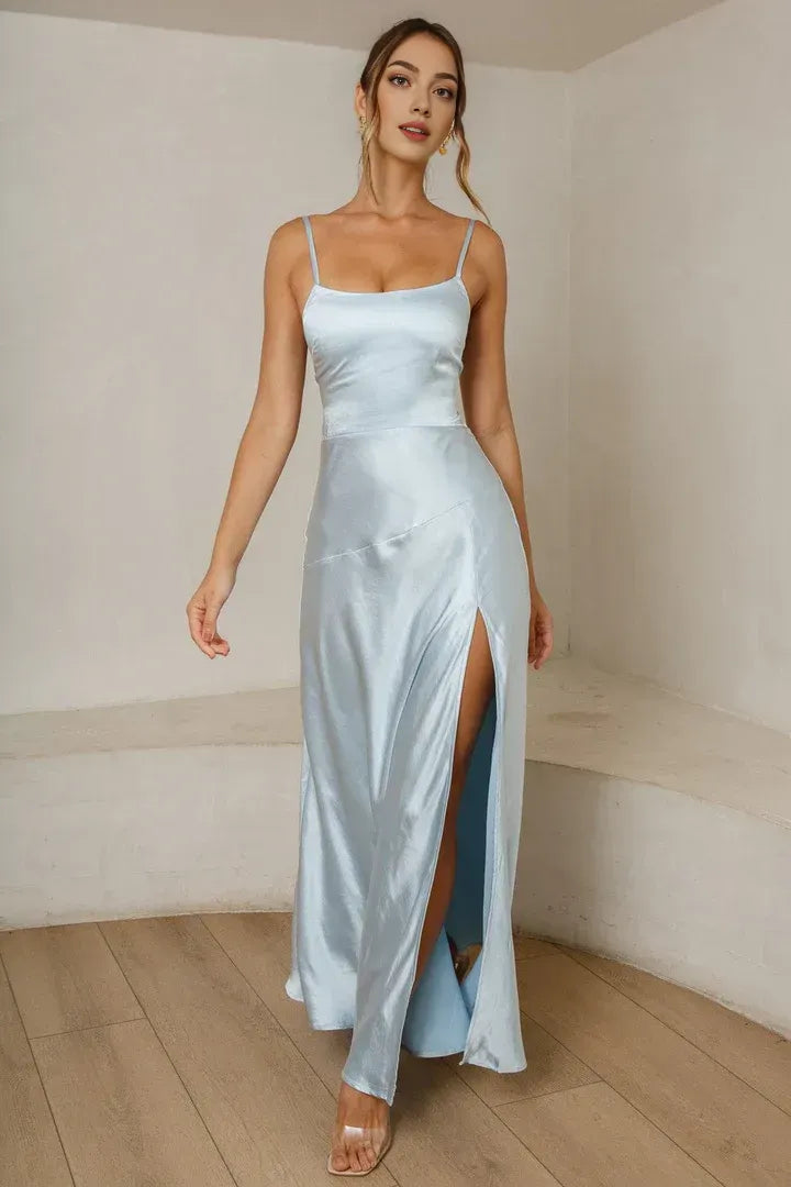 Bargain Sheath/Column Spaghetti Straps Sleeveless Satin Floor-Length Prom Dress