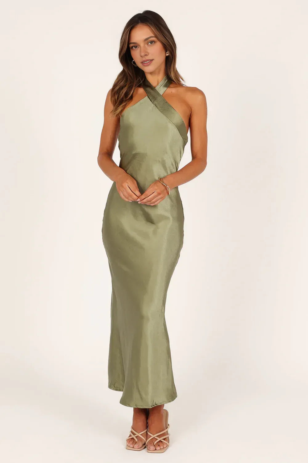 Bargain Sheath Halter Neck Sleeveless Satin Ankle-Length Prom Dress