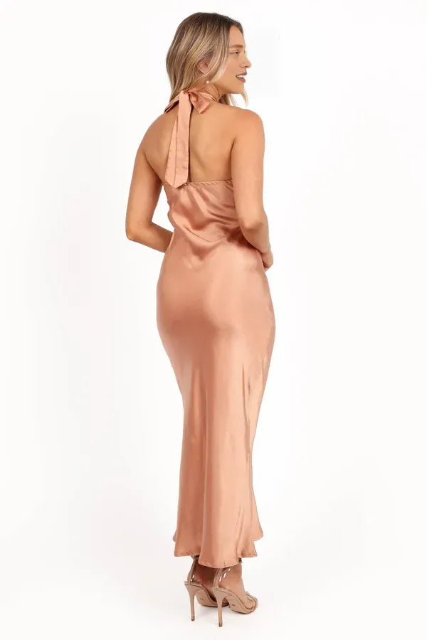 Bargain Sheath Halter Neck Sleeveless Satin Ankle-Length Prom Dress