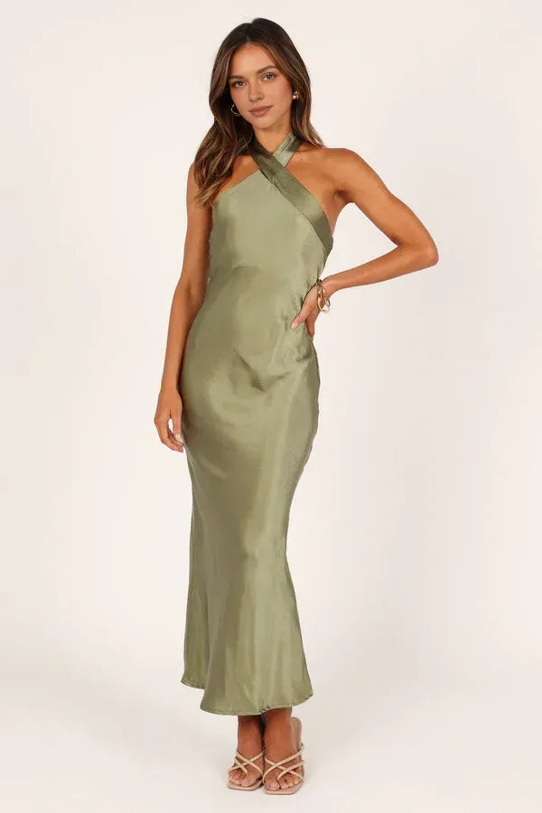 Bargain Sheath Halter Neck Sleeveless Satin Ankle-Length Prom Dress