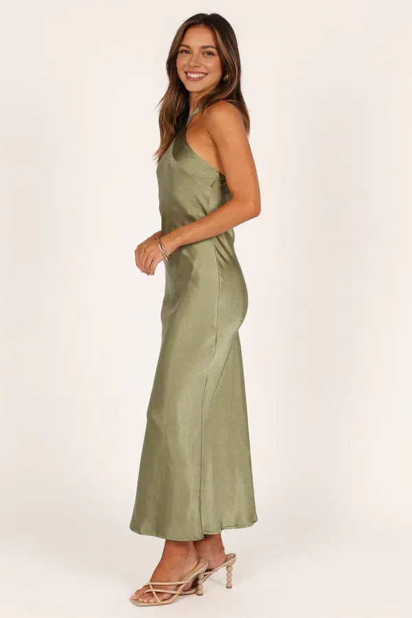 Bargain Sheath Halter Neck Sleeveless Satin Ankle-Length Prom Dress