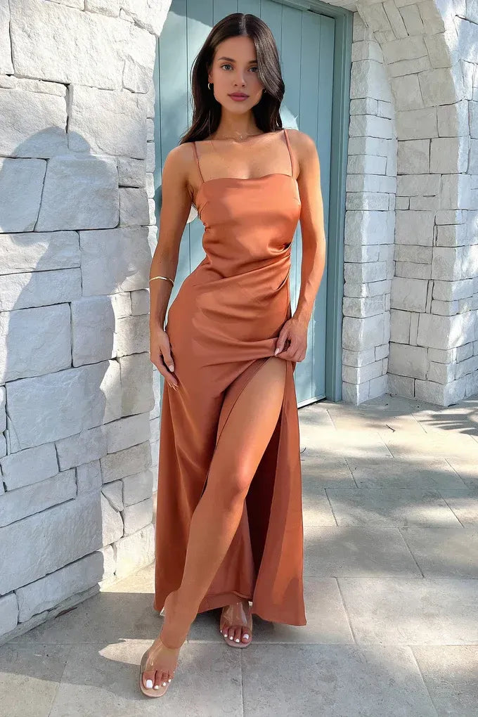 Bargain Sheath Spaghetti Straps Sleeveless Slit Satin Floor-Length Prom Dress