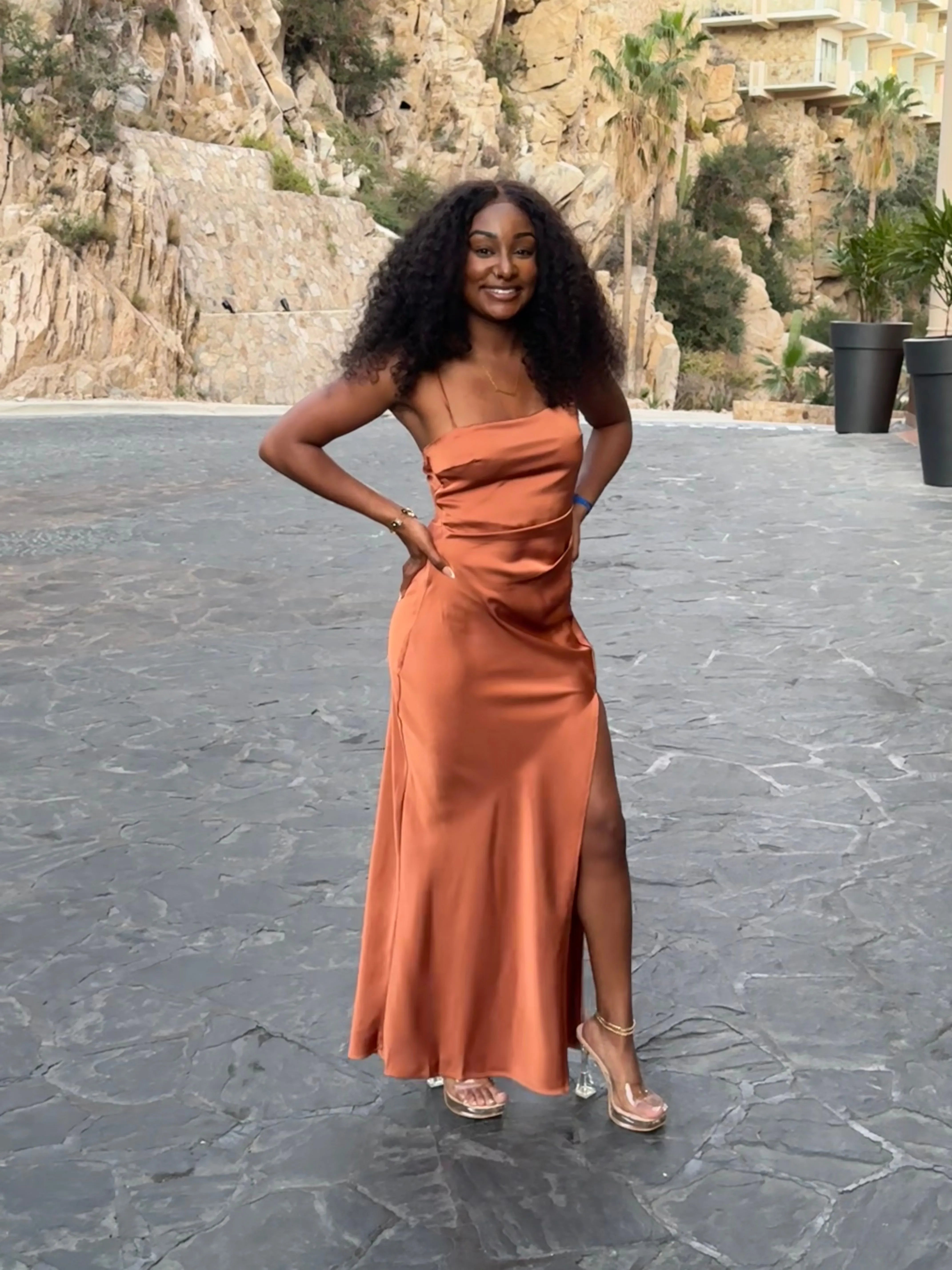 Bargain Sheath Spaghetti Straps Sleeveless Slit Satin Floor-Length Prom Dress