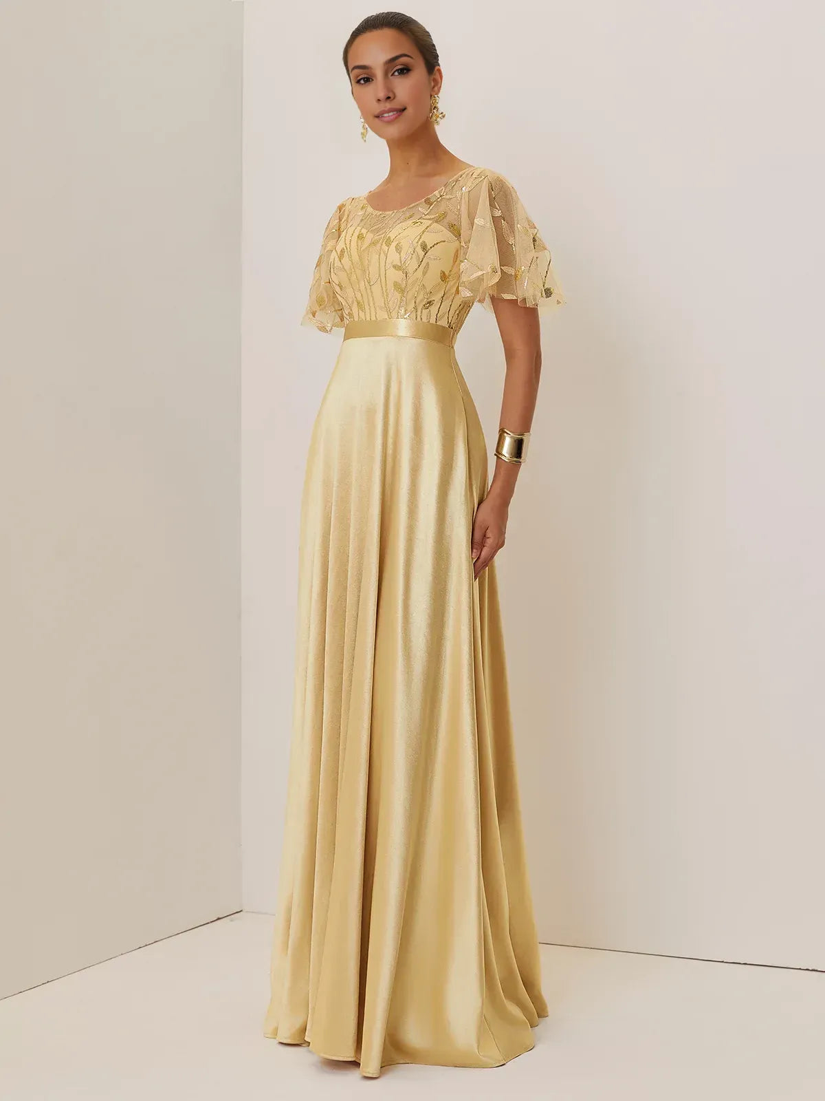 Beautiful A-Line Crew Neck Short Sleeve Zipper Up Floor-Length Evening Dress