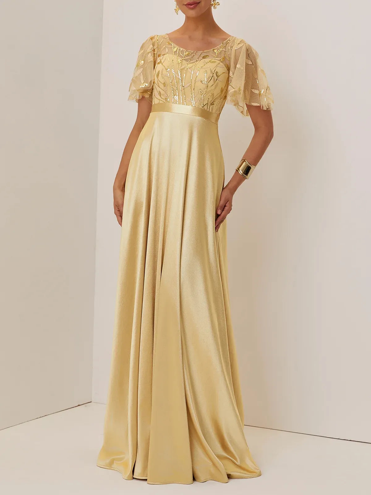 Beautiful A-Line Crew Neck Short Sleeve Zipper Up Floor-Length Evening Dress