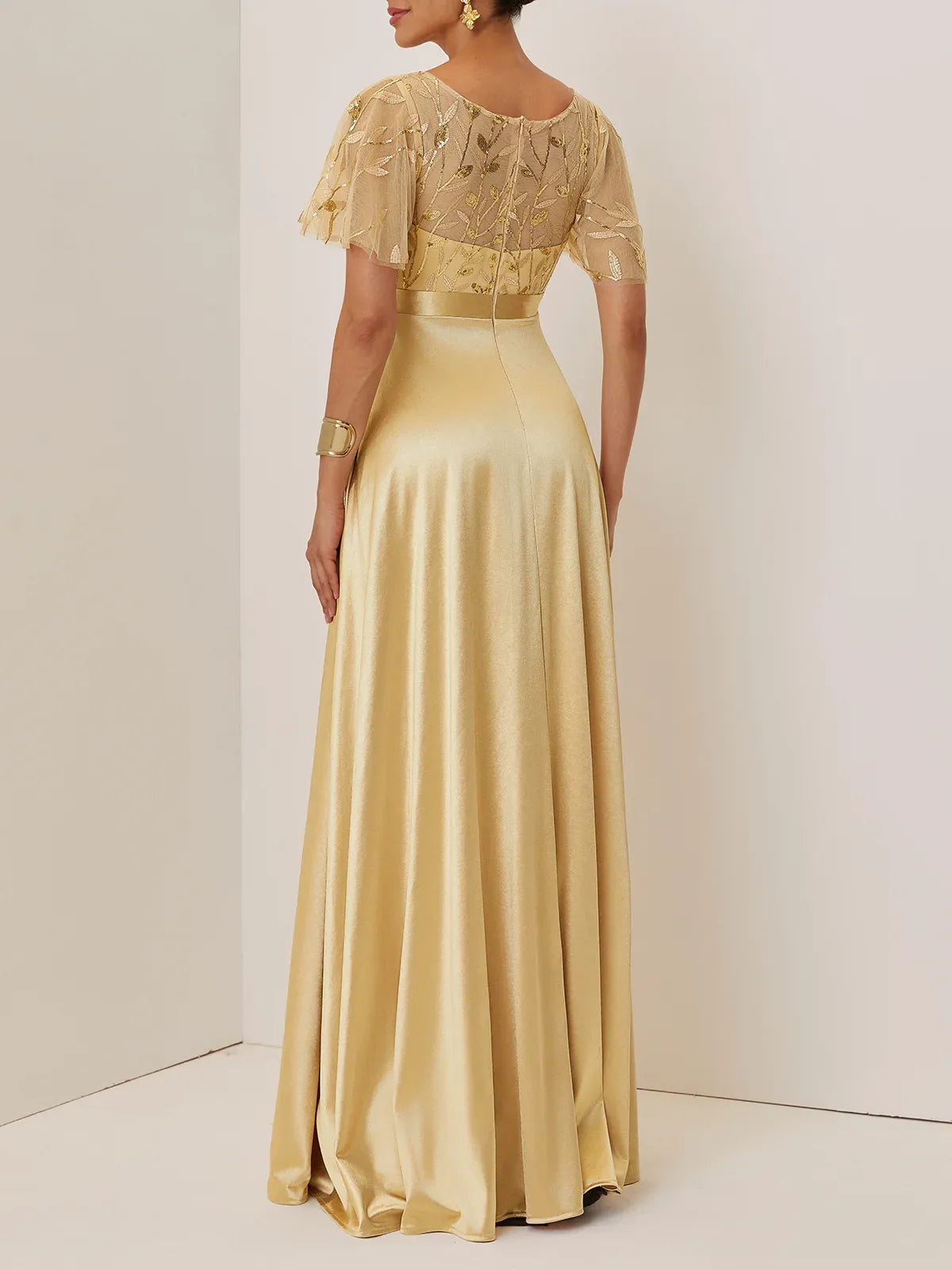 Beautiful A-Line Crew Neck Short Sleeve Zipper Up Floor-Length Evening Dress