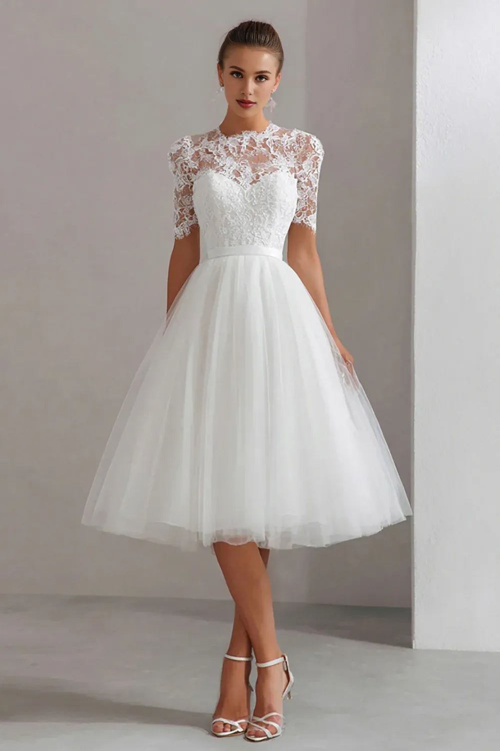 Beautiful A-Line High Neck Short Sleeves Tulle Tea-Length Wedding Dress