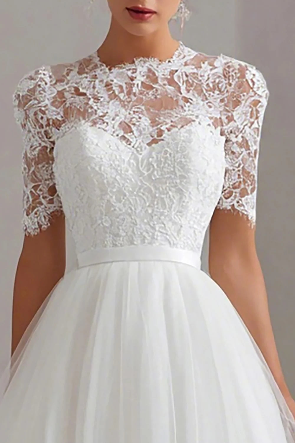 Beautiful A-Line High Neck Short Sleeves Tulle Tea-Length Wedding Dress