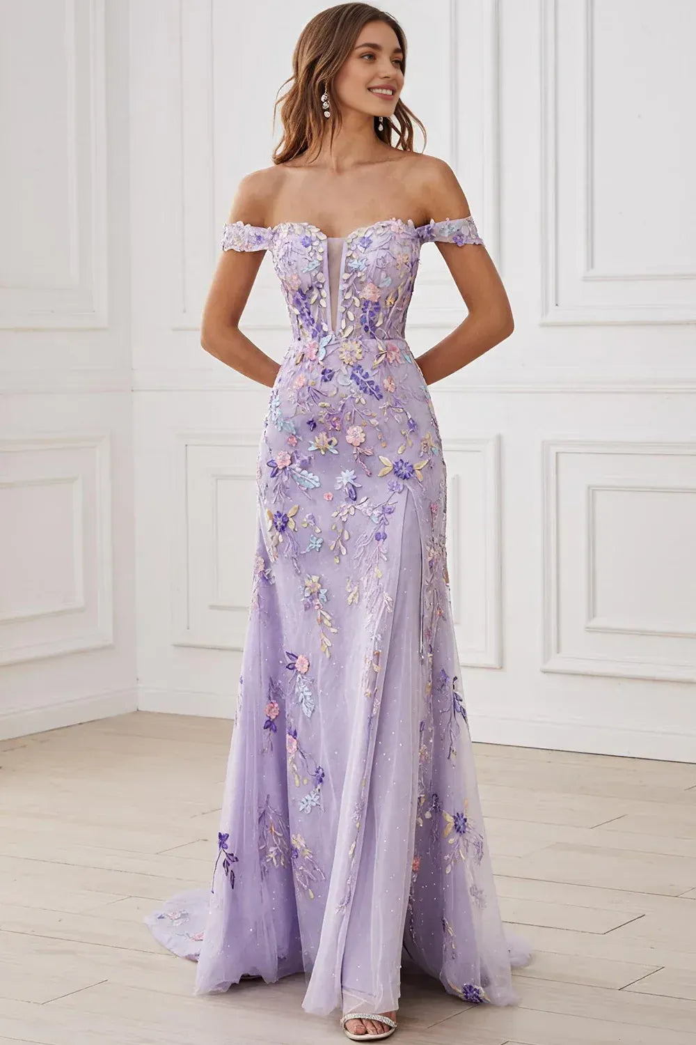 Beautiful A-Line Off the Shoulder Sleeveless Tulle Embroidered Floor-Length Prom Dress
