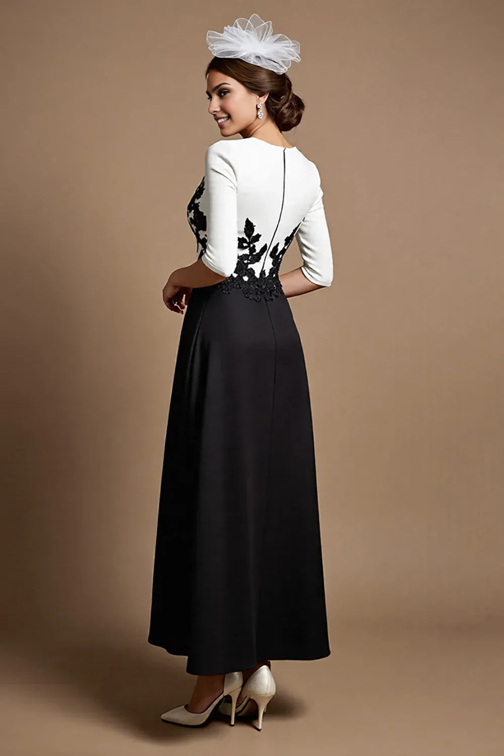 Beautiful A-Line V Neck 1/2 Sleeve Zipper Up Ankle-Length Mother of the Bride Dress
