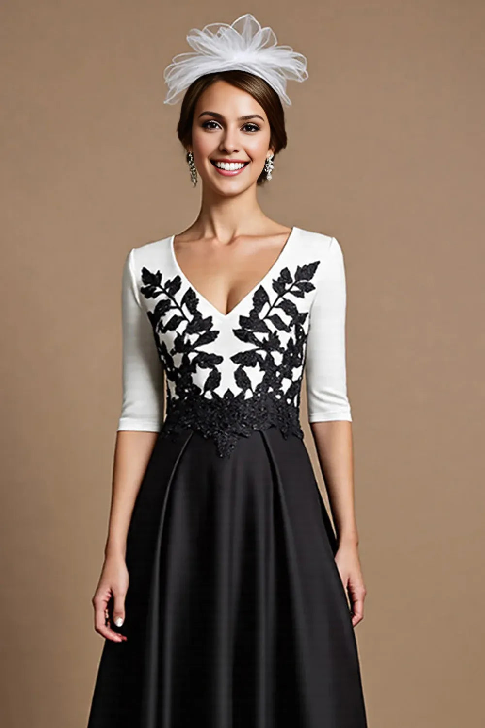 Beautiful A-Line V Neck 1/2 Sleeve Zipper Up Ankle-Length Mother of the Bride Dress