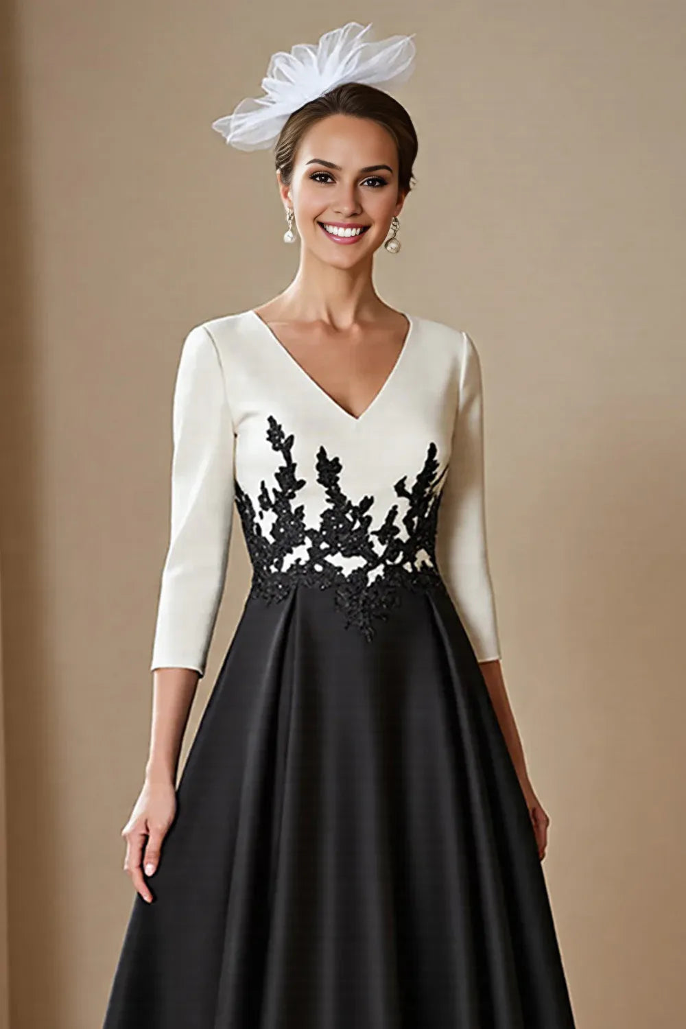 Beautiful A-Line V Neck 3/4 Sleeve Zipper Up Floor-Length Mother of the Bride Dress