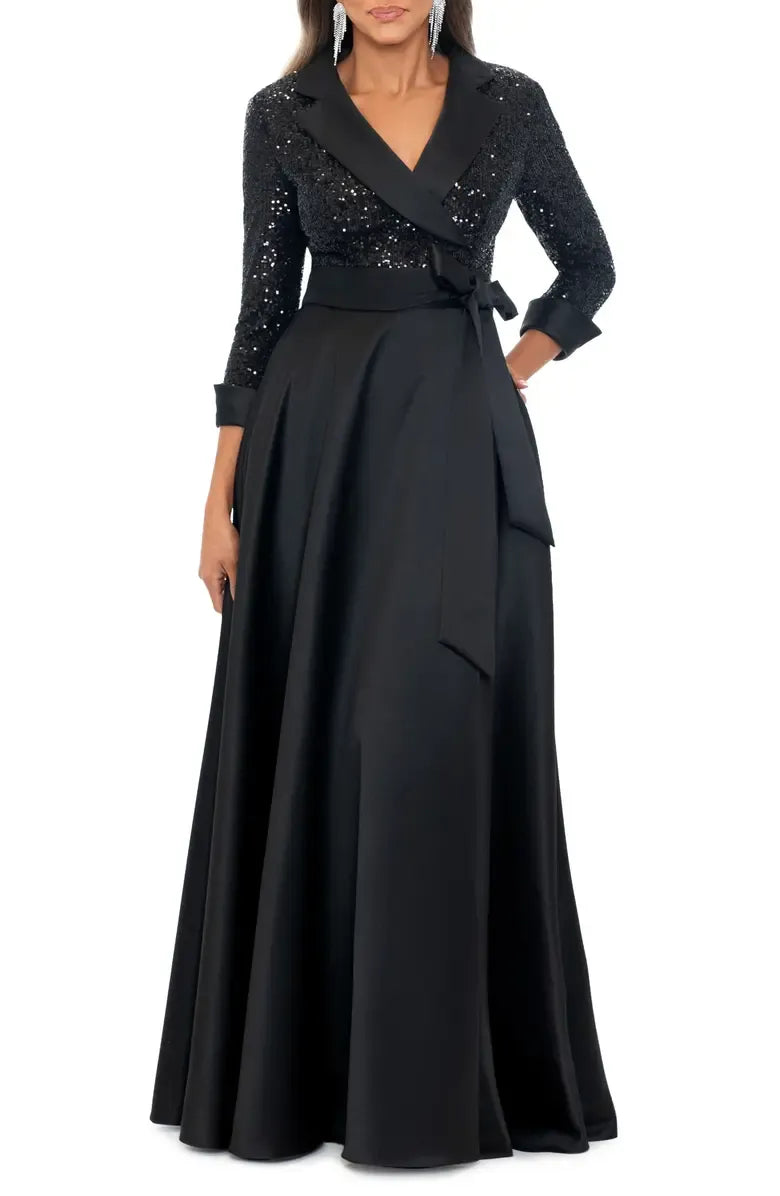 Beautiful A-Line V Neck Long Sleeve Sequin & Satin Floor-Length Prom Dress