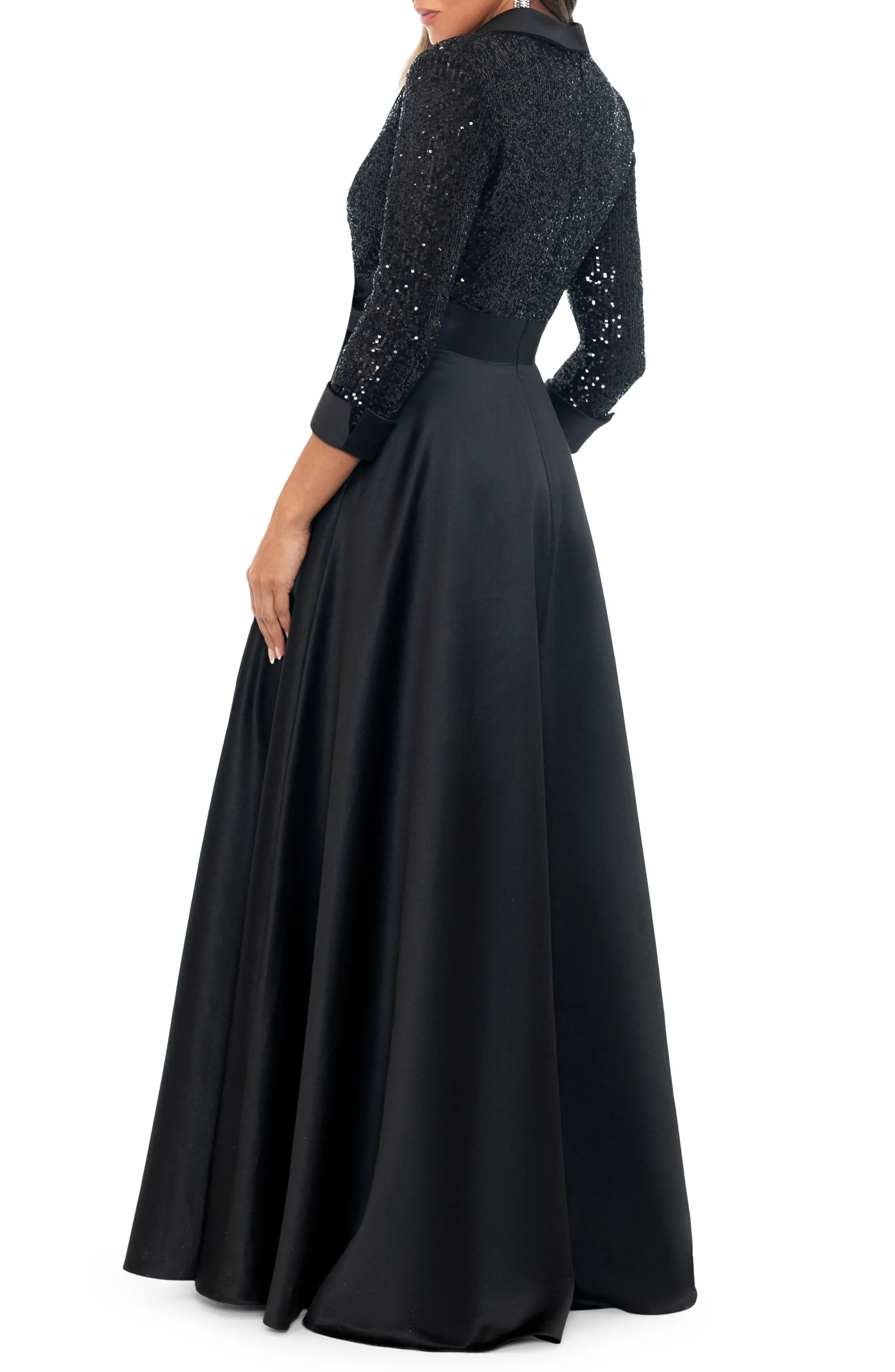 Beautiful A-Line V Neck Long Sleeve Sequin & Satin Floor-Length Prom Dress