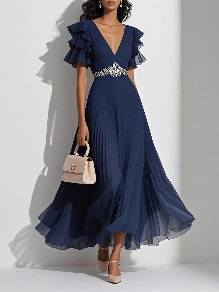 Beautiful A-Line V Neck Short Sleeve Zipper Up Ankle-Length Prom Dress