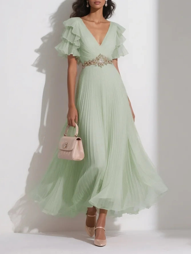 Beautiful A-Line V Neck Short Sleeve Zipper Up Ankle-Length Prom Dress