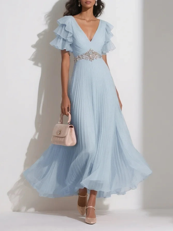 Beautiful A-Line V Neck Short Sleeve Zipper Up Ankle-Length Prom Dress