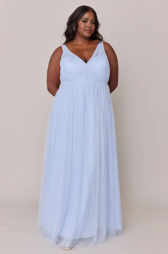 Beautiful A-Line V Neck Sleeveless Tulle Floor-Length Plus Size Prom Dress