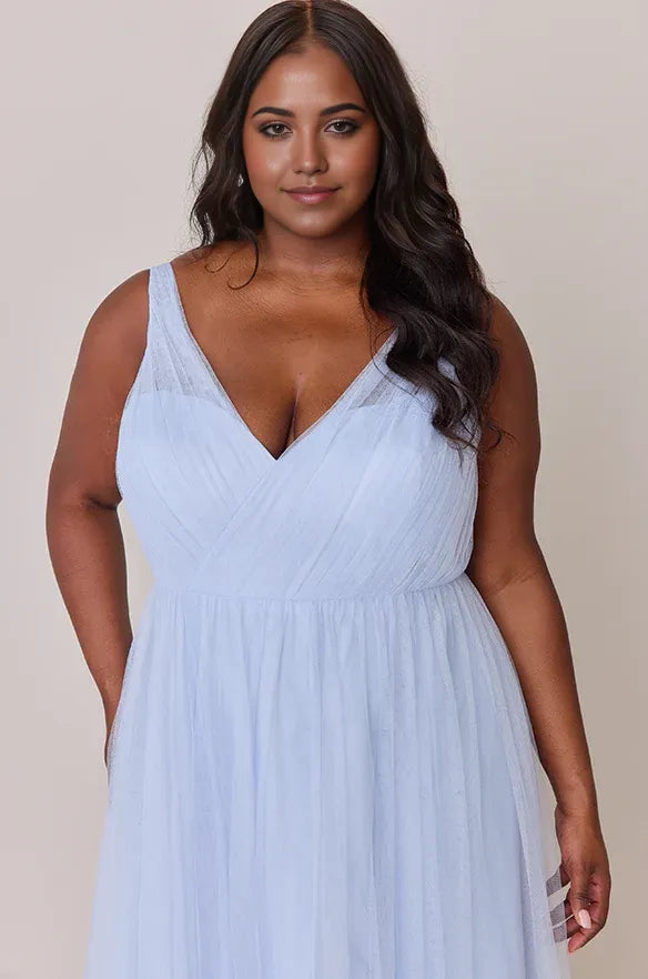 Beautiful A-Line V Neck Sleeveless Tulle Floor-Length Plus Size Prom Dress