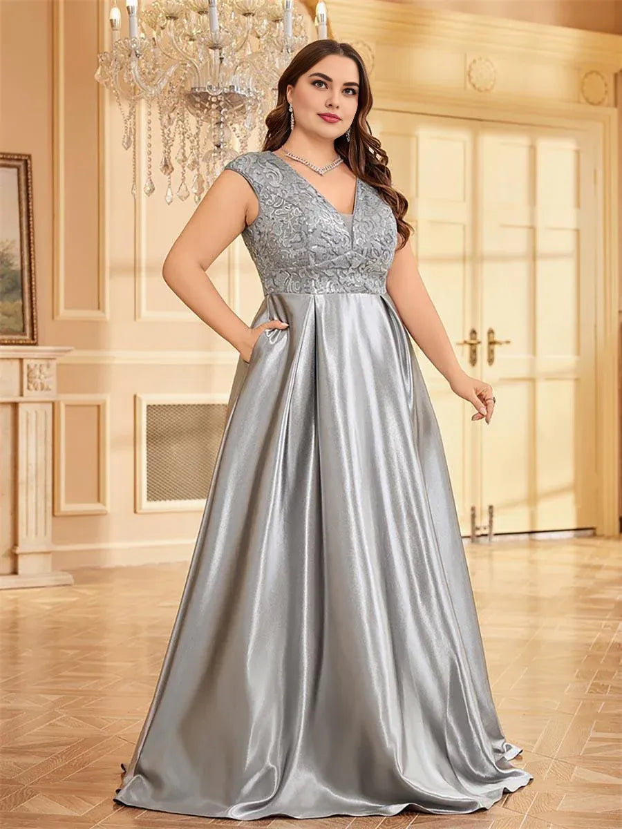 Beautiful A-line V-neck Cap Sleeve Zipper Up Floor-Length Plus Size Prom Dress