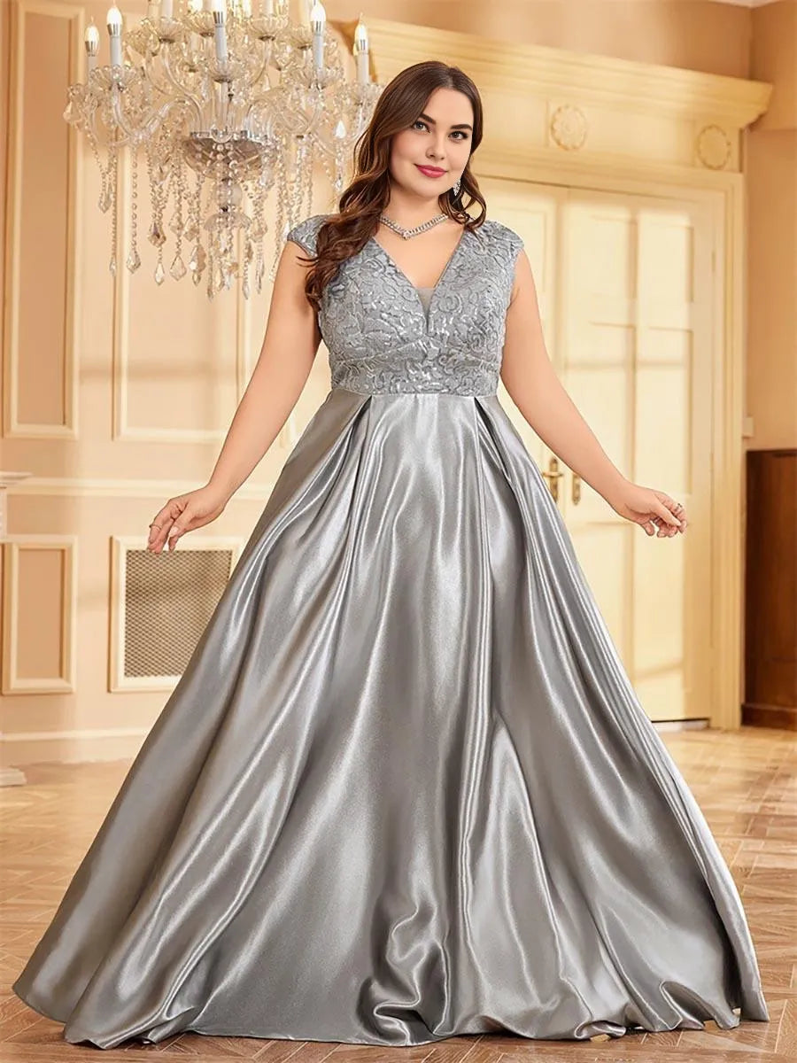 Beautiful A-line V-neck Cap Sleeve Zipper Up Floor-Length Plus Size Prom Dress
