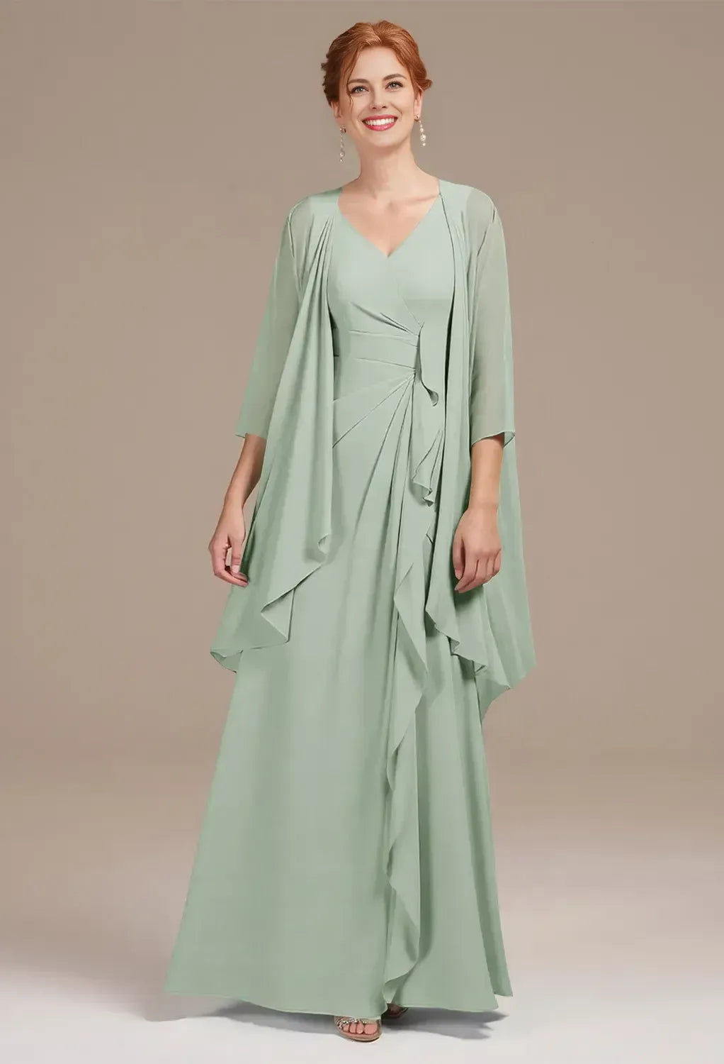 Beautiful A-line V Neck 3/4 Sleeves Pleated Chiffon Floor Length Mother of the Bride Dress